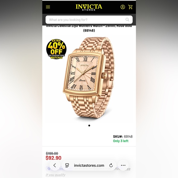 Invicta Rose Gold Rectangular Watch - Picture 2 of 3
